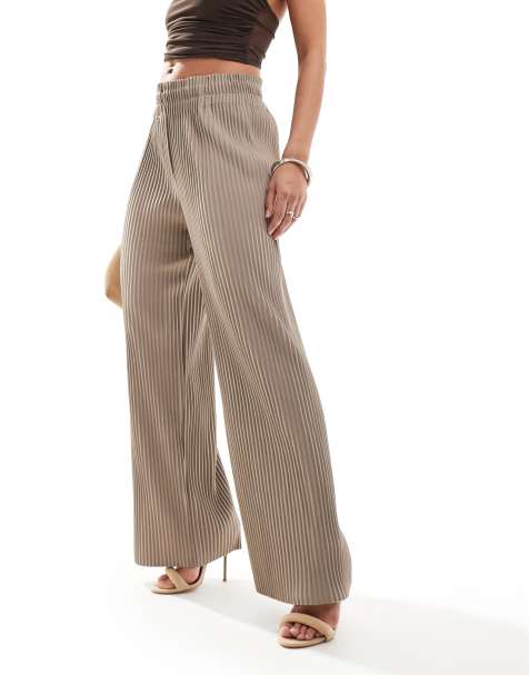 YAS high waisted wide leg plisse trousers in beige - BEIGE