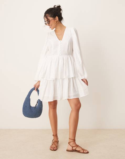 YAS puff sleeve button front boho mini dress in white