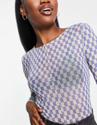 Y. A.S. Bianca checkerboard print mesh top in blue multi