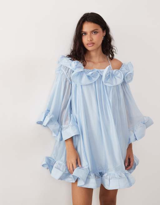 YAS - Blå bardot-minikjole med flæsedetaljer, 3 af 4