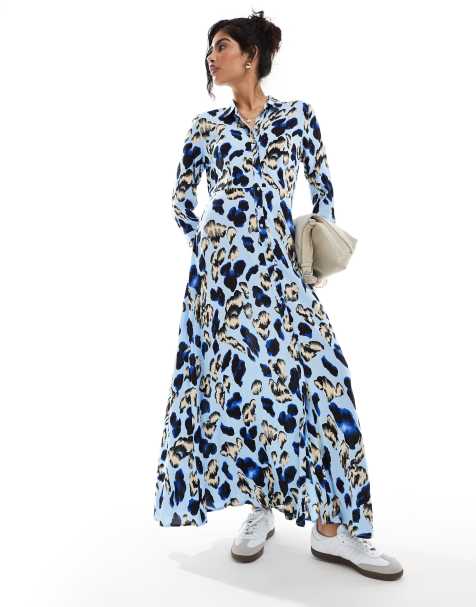 YAS – Blå, leopardmönstrad skjortklänning i maxilängd och oversize - view 1