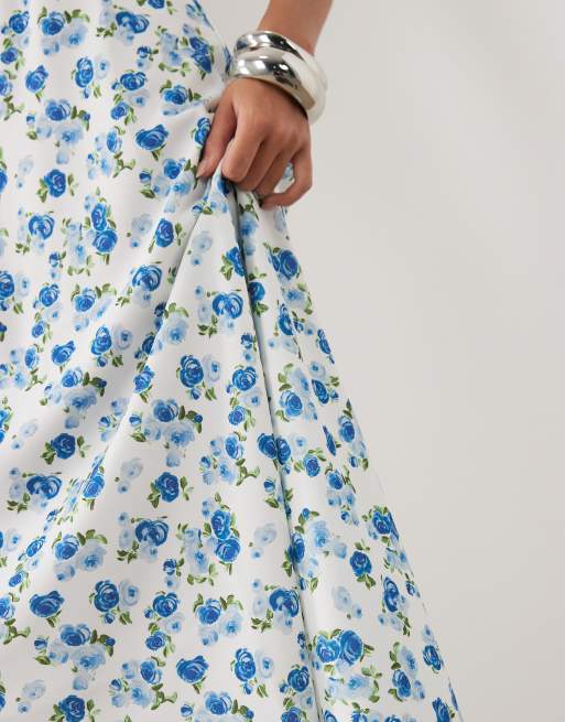YAS - Blå midinederdel i satin med småblomstret print, 4 af 5