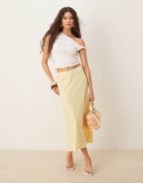 YAS satin midi skirt in pale yellow