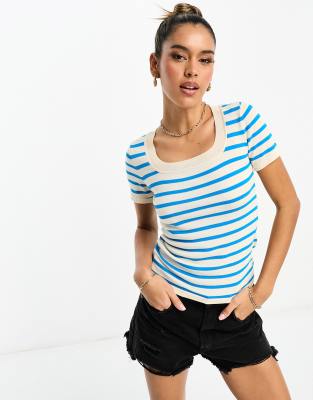 Y.A.S - Blau gestreiftes T-Shirt mit Rundhalsausschnitt-Marineblau