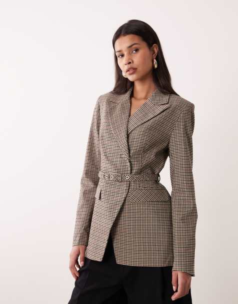 YAS - Blazer ajusté à carreaux avec ceinture - Marron - view 1