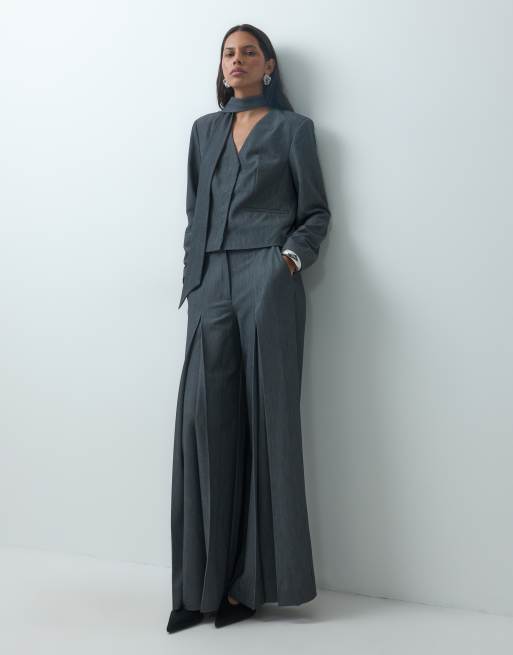 YAS blazer co-ord with detachable neck scarf in grey, 2 of 4