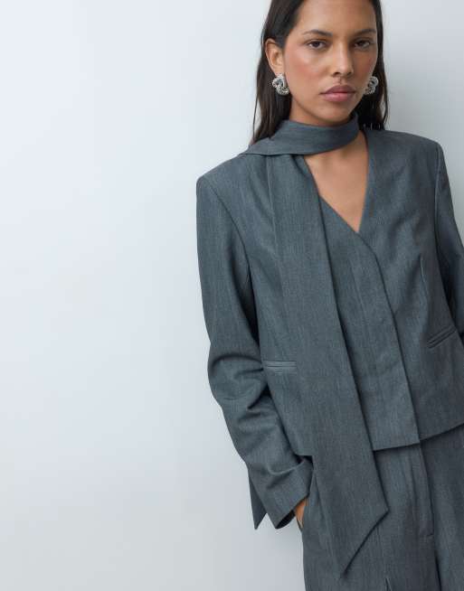 YAS blazer co-ord with detachable neck scarf in grey, 3 of 4