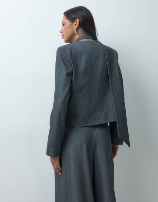YAS blazer co-ord with detachable neck scarf in grey, 4 of 4