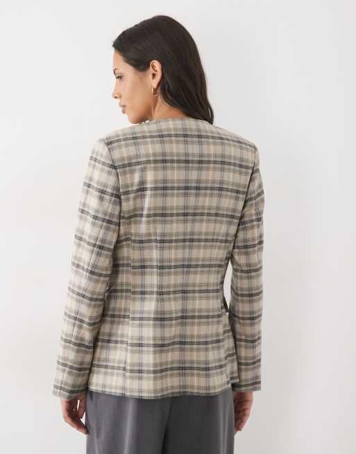 YAS blazer met getailleerde taille en strikdetails in donkergrijze ruit, 4 van 4