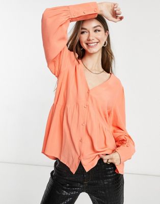 Chemises et blouses YAS - Blouse à smocks avec col V - Rose corail