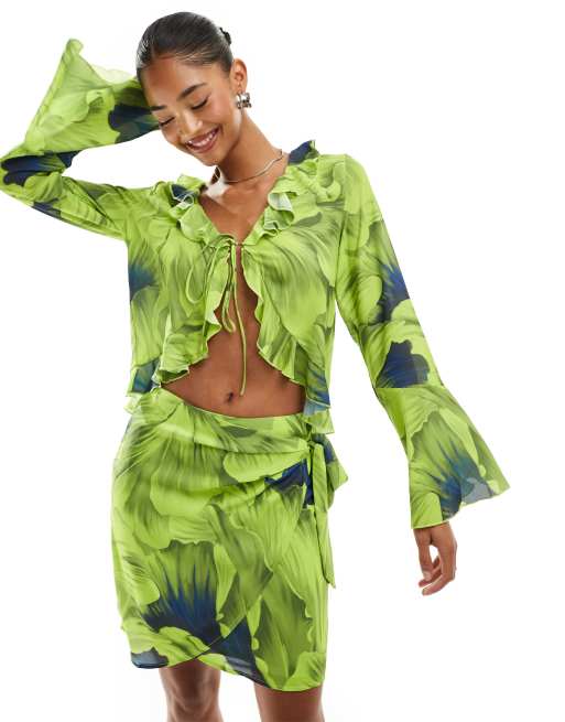 Y.A.S - Blouse d'ensemble nouée sur le devant à détail volanté et imprimé - Citron vert