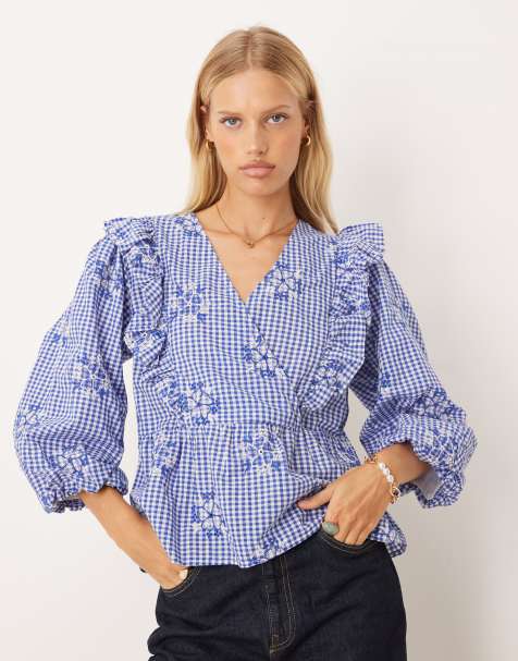 YAS - Blouse met ruches in blauwe en witte ruitjes - view 1