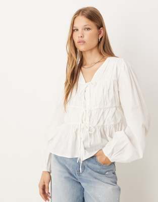 Blouse nouée devant à manches longues - Blanc 34