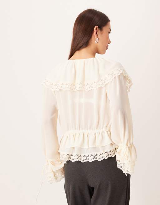 YAS - Blouse style bohème avec volants et bordure en dentelle - Crème bouleau, 4 de 4