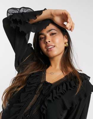 YAS Y.A.S blouse with deep v neck and ruffle detail in black