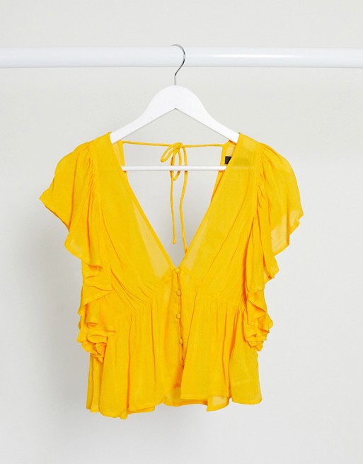 Y.A.S blouse with peplum hem and frill sleeve in yellow