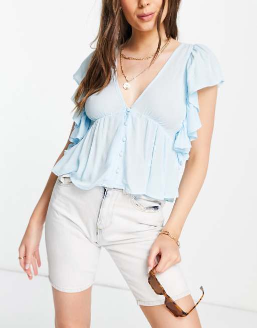 Y.A.S blouse with peplum hem and frill sleeve in blue