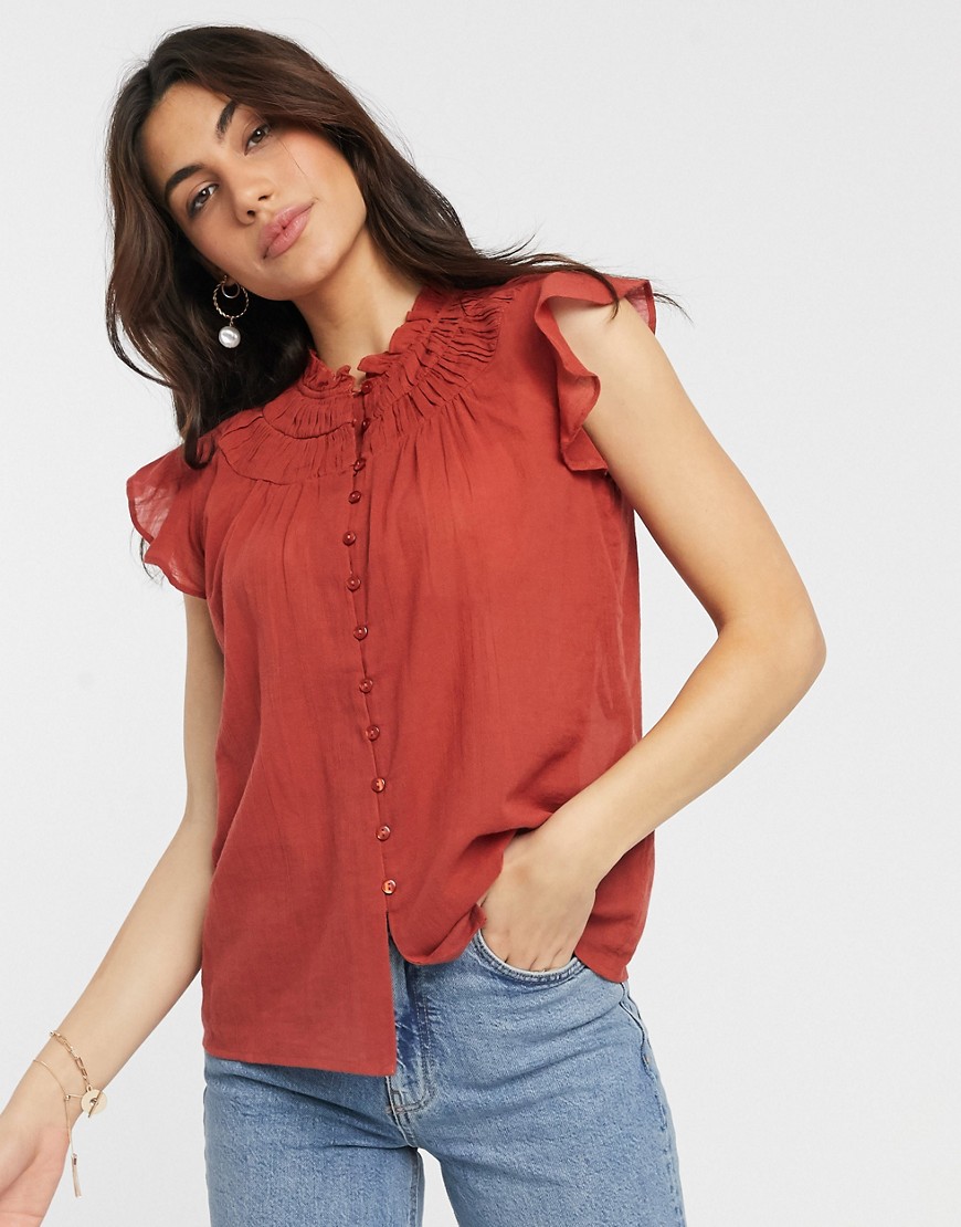 Y.A.S blouse with shirred neck and flutter sleeves in rust