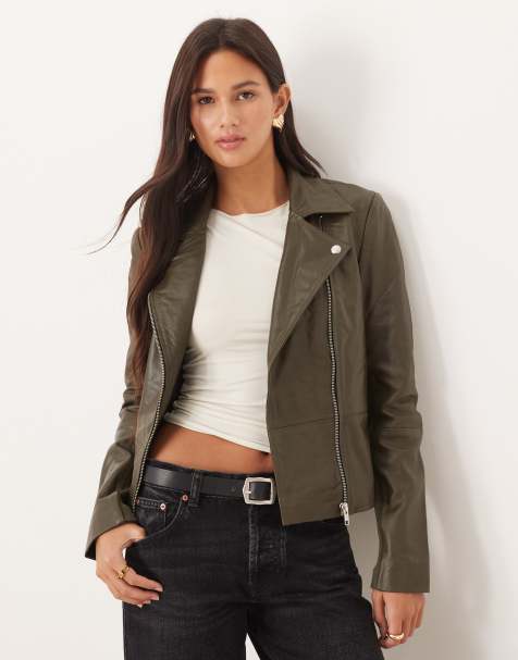 YAS - Blouson style motard en cuir haut de gamme - Vert olive - view 1