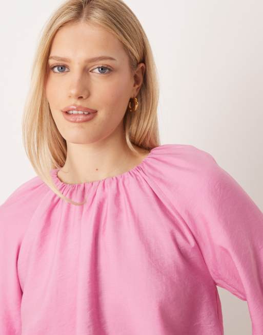 YAS blouson volume sleeve woven top in mauve pink , 3 of 4