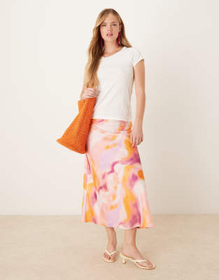 YAS blur print midi skirt in pink and orange - view 1