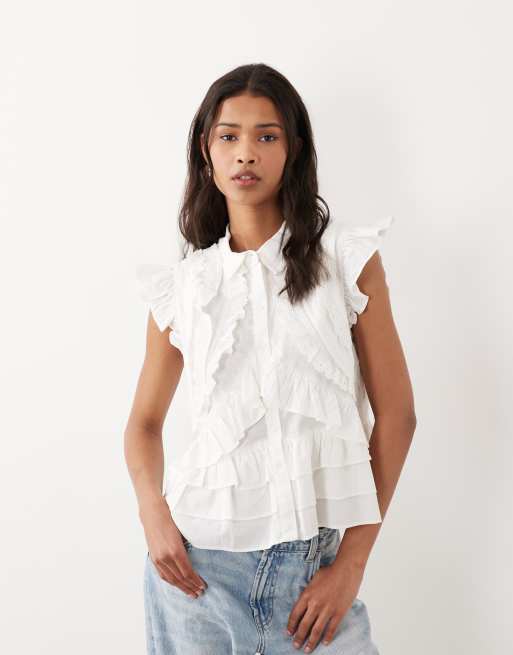 YAS - Blusa blanca con volantes extragrandes, 2 de 4