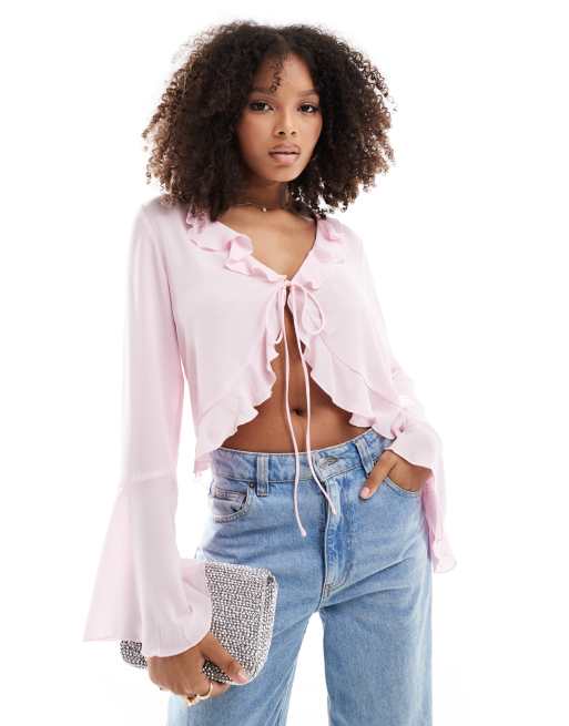 YAS – Bluse in Puderrosa mit Rüschendetail und gebundener Vorderseite