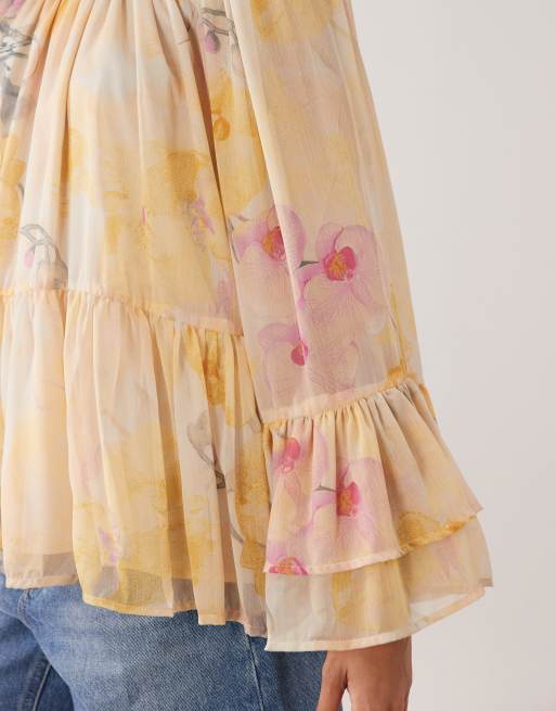 YAS bluse med bindefront og boho-print i pastelfarver, 3 af 4
