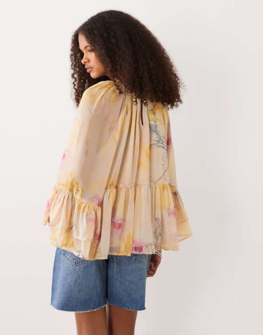 YAS bluse med bindefront og boho-print i pastelfarver, 4 af 4