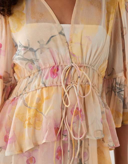 YAS - Boho maxi-jurk met gestrikte voorkant in pastelkleurige bloemenprint, 3 van 4