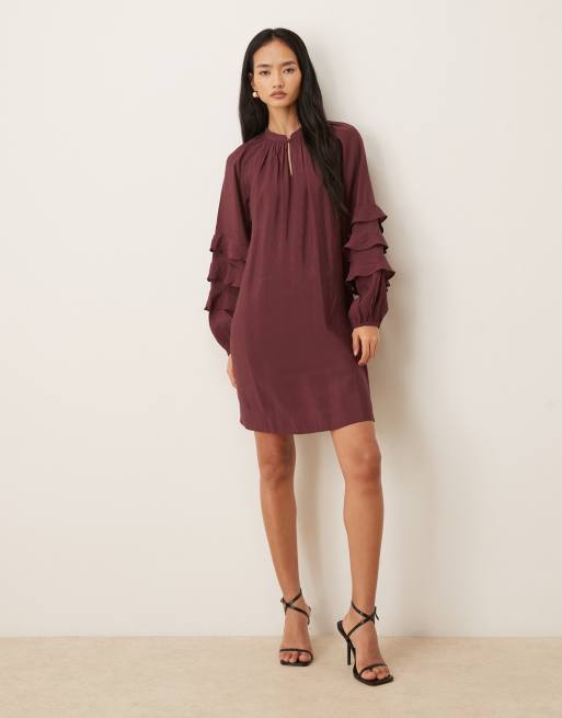 YAS boho ruffle sleeve mini dress with tie waist in burgundy, 2 of 4