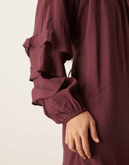 YAS boho ruffle sleeve mini dress with tie waist in burgundy, 4 of 4
