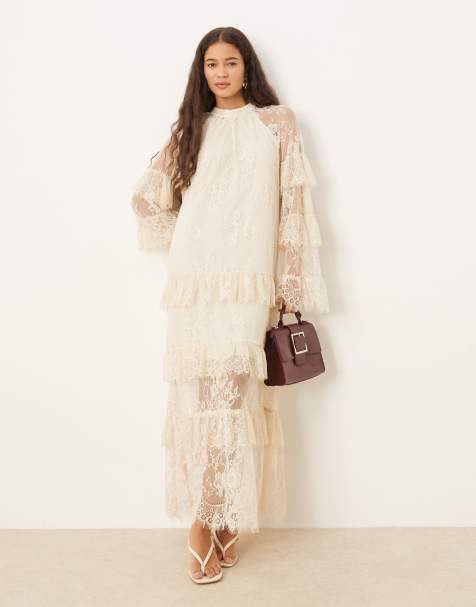 YAS boho sheer lace tiered maxi dress in cream - view 1