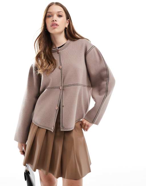 YAS - Bomber in maglia color fungo con cuciture a contrasto