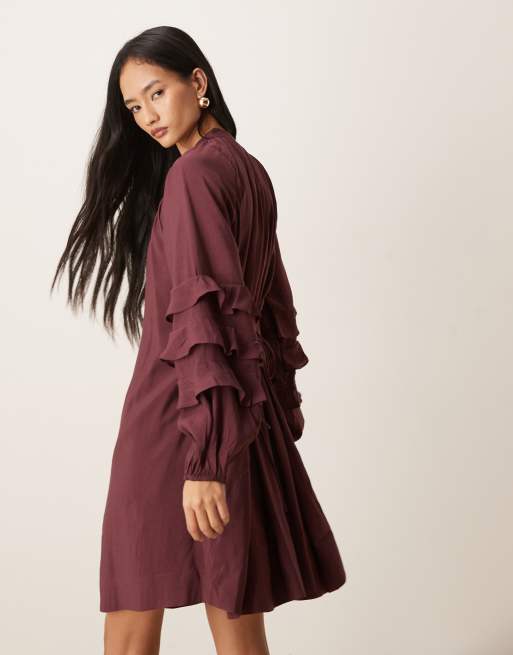 YAS - Bordeaux boho-minikjole med flæseærmer og bindebånd i taljen, 3 af 4