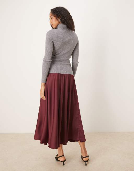 YAS - Bordeauxrød voluminøs midi-nederdel i satin med fuldt cirkeldesign, 3 af 5