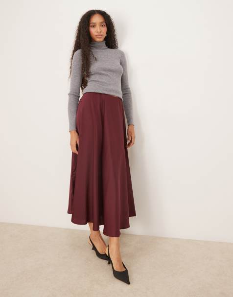 YAS volume satin circle midi skirt in burgundy