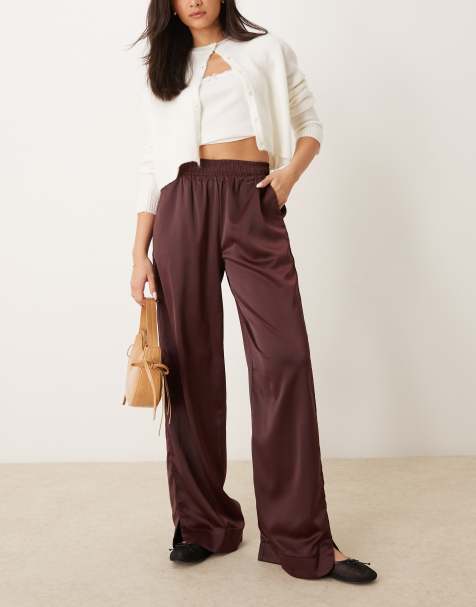 YAS satin wide leg trousers in burgundy