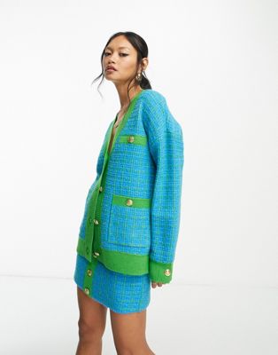 Y.A.S boucle button through cardigan in blue and green check