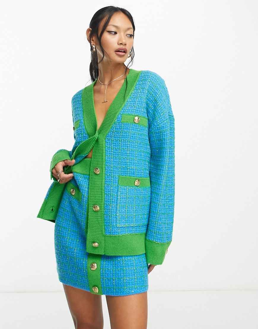 Y. A.S boucle button through mini skirt in blue and green check