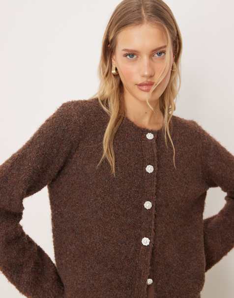 YAS boucle cardigan co-ord with ornate buttons in chocolate brown - view 1