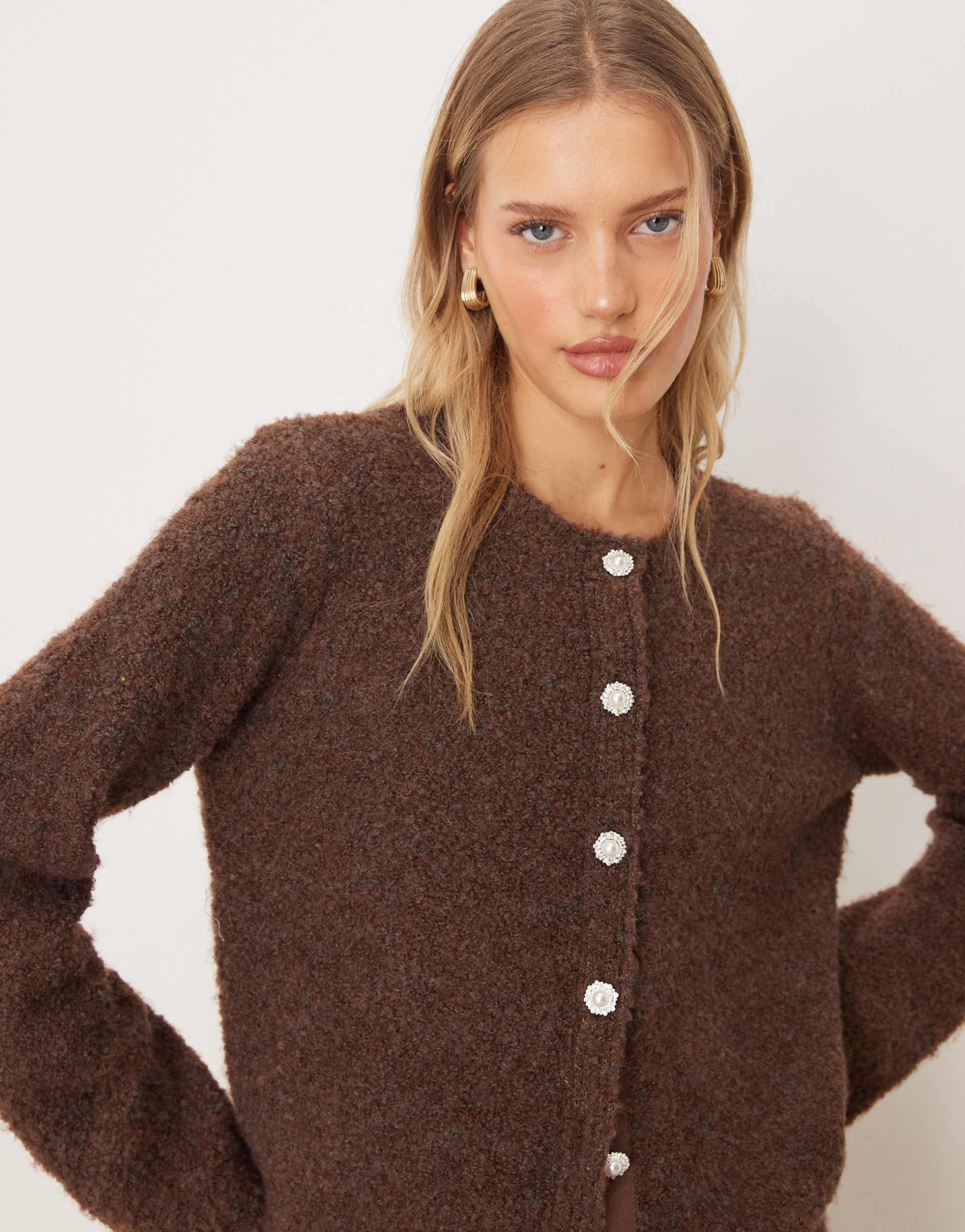 yas boucle cardigan with ornate buttons in chocolate brown - part of a set