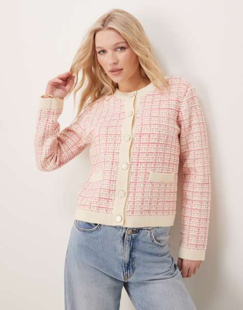 YAS boucle plaid knit cardigan in cream and raspberry - view 1