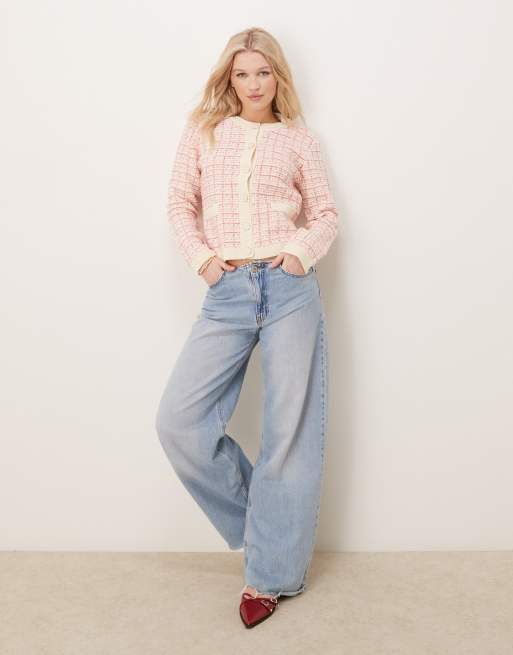 YAS boucle plaid knit cardigan in cream and raspberry