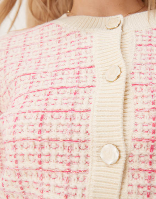 YAS boucle plaid knit cardigan in cream and raspberry, 3 of 4
