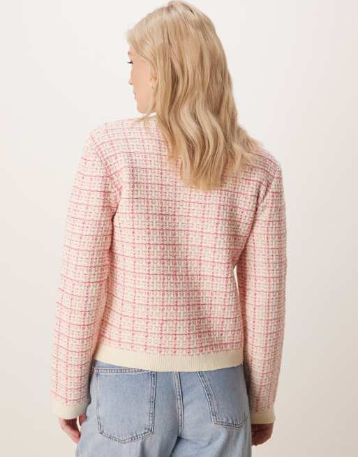 YAS boucle plaid knit cardigan in cream and raspberry