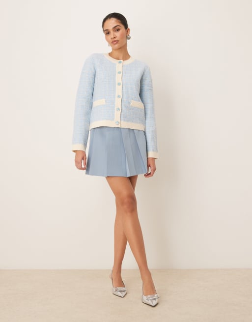 YAS Boucle plaid knit cardigan in cream and sky blue
