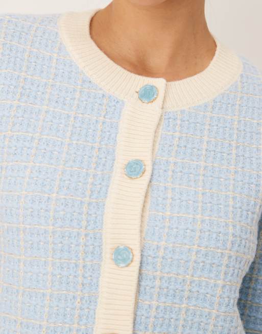 YAS Boucle plaid knit cardigan in cream and sky blue