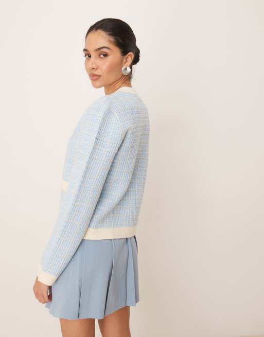 YAS Boucle plaid knit cardigan in cream and sky blue