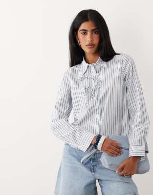 Y.a.s. Bow Detail Boxy Cotton Shirt In Blue